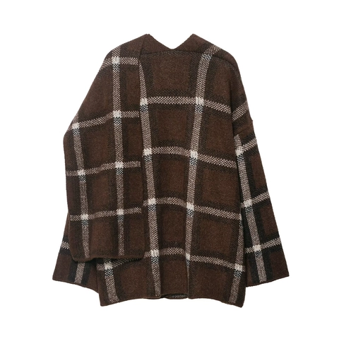 Damen Geruite Gebreid Vest Met Sjaal Oversized V-Hals Lange Mouwen Zakken Warme Wintergebreide Trui Bovenkleding