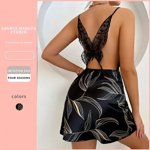 Camicia Da Notte Sexy Senza Schiena Satin Pizzo Farfalla Schiena Collo A Cappuccio Spalline Sottili Mini Pigiameria Per Donna
