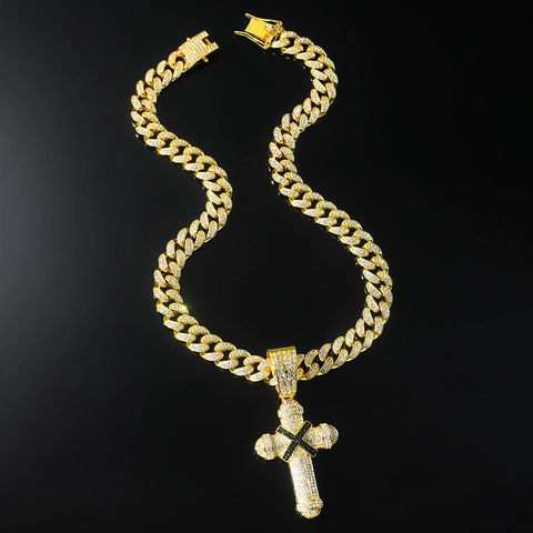 Collana Con Pendente A Croce Hip Hop Iced Out Lega Strass Catena Cuban Link Gioielli Per Uomo