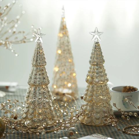 Albero Di Natale In Vetro LED Illuminato Ornamento Da Scrivania Finitura Mercurio Decorazione Casa Tavolo Luce Calda