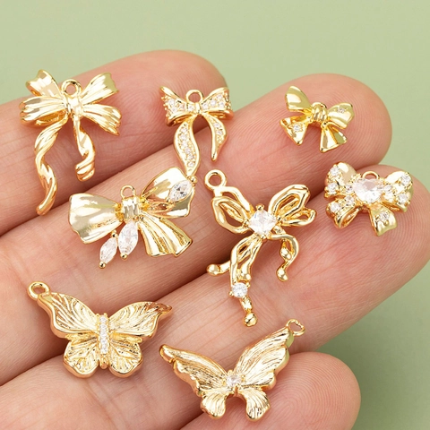 18K Gold Plated Copper Bow Butterfly Pendant Charms With Cubic Zirconia For DIY Earring Necklace Jewelry Making