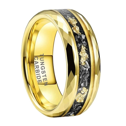 Men's Tungsten Steel Ring Faceted Prism Cut With Gold Foil Crushed Stone Inlay High Quality Fashion Jewelry Wedding Band
