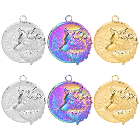 Collana con Ciondolo Testa di Lupo in Acciaio Inossidabile Rilievo Animale Foresta Design Oro Argento Arcobaleno Gioielli Donna Uomo