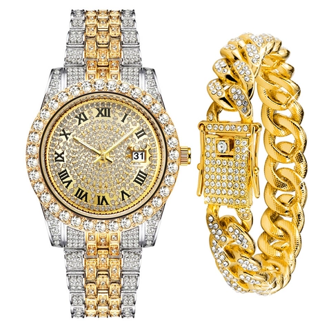 Luxury Iced Out Men Quartz Watch Rhinestone Alloy Roman Numerals Date Hip Hop Fashion Jewelry And Cuban Chain Bracelet