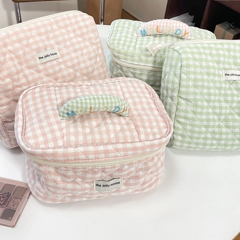 Gesteppte Baumwolle Kosmetiktasche Gingham Karo Tragbare Toilettenartikel Organisator Reißverschluss Griff Reise Make Up Beutel