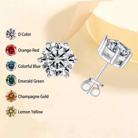 S925 Sterling Silver Moissanite Stud Earrings Classic Six Prong Round Cut Zirconia Earrings For Women Simple Jewelry Gift
