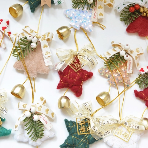 Addobbi Natalizi Stella E Albero In Feltro Di Lana Decorazioni Sospese Con Campanellini In Metallo E Nastri