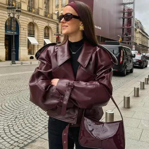 Women PU Faux Leather Biker Jacket Cropped Retro Oversized Moto Jacket With Belted Hem Lapel Collar Long Sleeve Chic