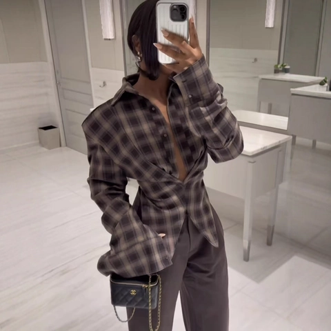 Chemise À Carreaux Pour Femmes Boutonnée À Manches Longues Polyester Décontracté Rétro Mode Revers Blouse Top