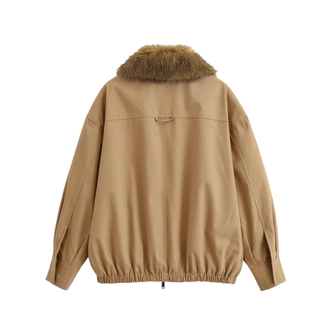 Damen Khaki Jacke Mit Abnehmbarem Kunstpelzkragen Polyester Langarm Reißverschluss Bomber Style Casual Streetwear Outerwear