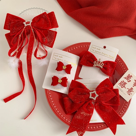 Mollette Per Capelli In Velluto Rosso E Fascia Per Ragazze Accessori Festivi Di Capodanno Natale Con Künstliche Perle Pompon Bianchi