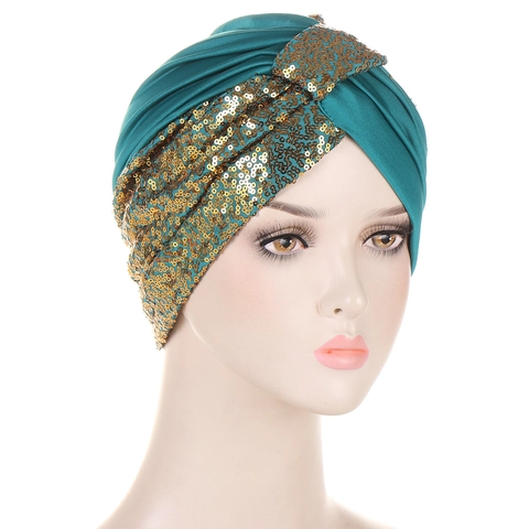 Women Sequin Turban Hat Polyester Shiny Gold Sequin Patchwork Beanie Ethnic Style Muslim Headscarf Fashion Headwear For Party Street Photography