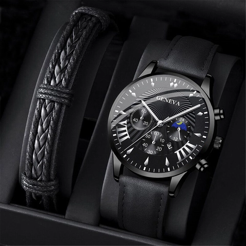Men's Fashion Quartz Watch Leather Bracelet Set Business Casual Wristwatch For Men Simple Roman Numeral Dial Gift Set