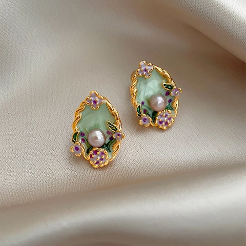 Vintage Enamel Flower Stud Earrings With Artificial Pearl And Silver Earring Post French Style Elegant Floral Jewelry For Women