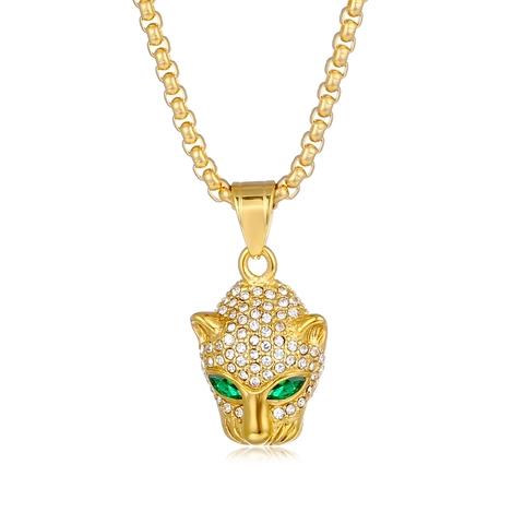 Collana con Pendente a Testa di Leopardo in Acciaio Inossidabile Hip Hop Strass Gioielli Regalo per Uomo Donna