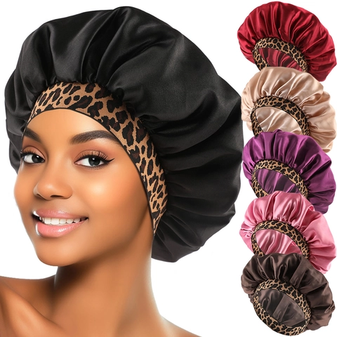 Satin Sleep Bonnet Leopard Print Elastic Band Hair Care Nightcap Breathable Stretchy Head Wrap For Women Beauty