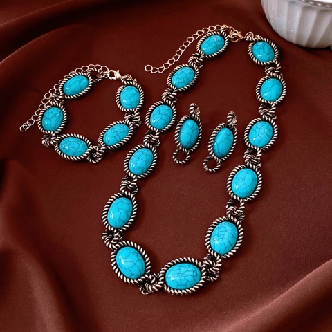 Gioielli Vintage Donna Stile Turchese Ovale Resina Lega Collana Bracciale Orecchini Con Perno In Argento