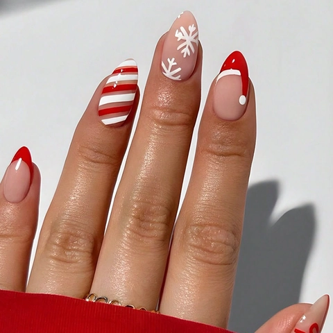 Unghie Finte Di Natale Mandorla Punta Francese Rossa Fiocchi Di Neve Fiocco Design A Righe Per Donne Vacanze Invernali