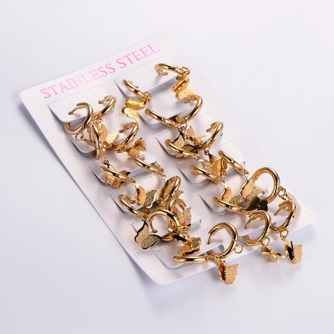 Créoles Papillon Plaqué Or 18K Acier Inoxydable 316L Pendentifs Givrés Boucles D'oreilles Bijoux Pour Femmes