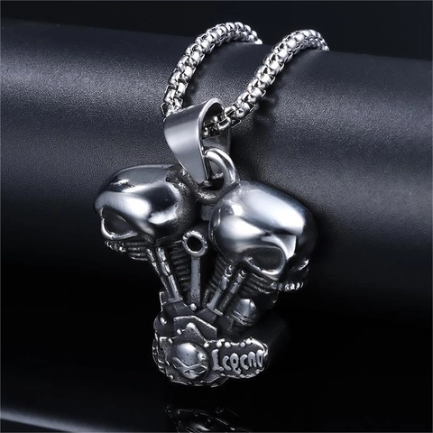 Collana Con Ciondolo Motore Doppia Testa Di Morto Acciaio Inossidabile Punk Gothic Rock Biker Gioielli Da Uomo