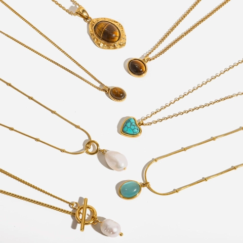 Collier Pendentif Oeil de Tigre en Acier Inoxydable Plaqué Or 18K pour Femme Rétro Coeur Turquoise Perle Artificielle