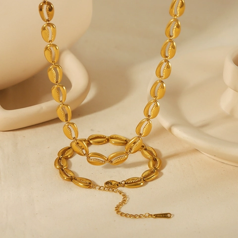 Joyas De Acero Inoxidable Chapado En Oro Collar Pulsera Eslabones Concha Y Pendientes Perlas Artificiales Para Mujer Moda