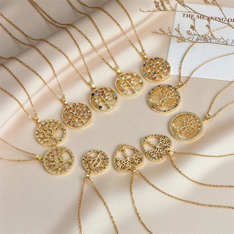 Tree Of Life Pendant Necklace Copper Gold Plated Stainless Steel Chain Colorful Zircon Heart Round Hollow Bohemian Women