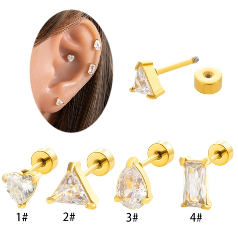 Stainless Steel Cartilage Piercing Stud Earrings Zirconia Heart Water Drop Triangle Square Geometric Screw Back Jewelry