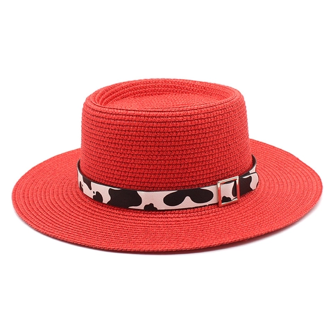 Cappello Boater Paglia Estate Spiaggia Protezione Solare Retro Banda Stampa Mucca Fibbia Metallo Tesa Larga