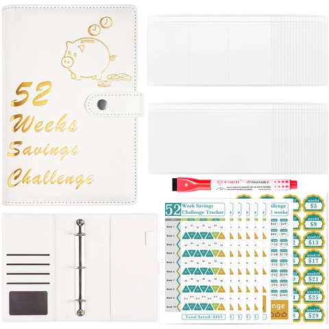 Savings Challenge Binder 52 Weeks Budget Book PU Leather With Zipper Envelopes Tracker Cards Erasable Pen For Cash Saving
