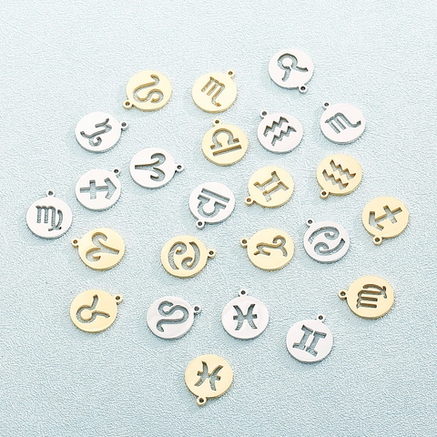 Dijes De Constelaciones Del Zodiaco De Acero Inoxidable Colgantes Redondos Huecos Para Creación De Joyas DIY