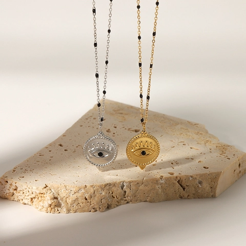 Collana Con Ciondolo Malocchio Acciaio Inossidabile Placcato Oro 18K Disco Rotondo Zircone Incastonato Catena Di Perline Nere Gioielli Per Donna