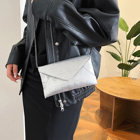 Women Skull Embossed Envelope Evening Bag PU Leather Metal Chain Punk Gothic Crossbody Shoulder Clutch