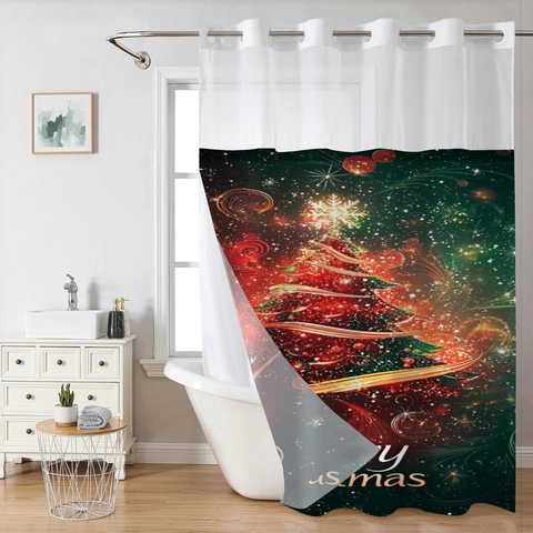 Christmas Shower Curtain Hookless Waffle Weave Polyester Double Layer Detachable Liner Waterproof Mesh Window Bathroom