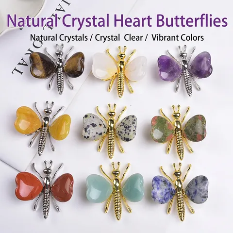Figura De Mariposa De Cristal Natural Adorno De Animal De Piedra Preciosa En Forma De Corazón Para Decoración Escritorio