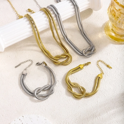 Knot Design Double Layer Snake Bone Chain Necklace And Bracelet Stainless Steel Minimalist Fashion Jewelry Unisex