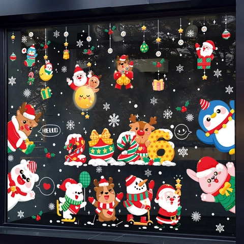Christmas Window Stickers Static Clings PVC Reindeer Santa Snowman Cartoon Festival Home Decor Shop Display Double Sided