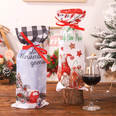 Christmas Wine Bottle Cover Burlap Gift Bags Drawstring Ribbon Gnome Red Truck Pattern Holiday Party Table Decoration