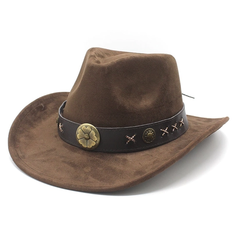 Western Cowboy Hat Suede Vintage Wide Brim With Leather Band Metal Flower Rivets Adjustable For Men Women