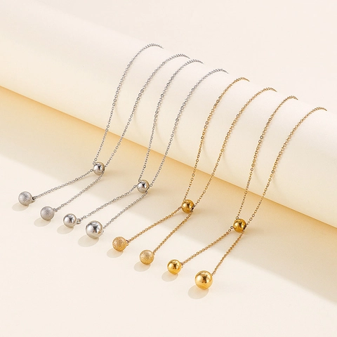 Stainless Steel Y Necklace For Women Adjustable Sliding Round Bead Ball Pendant Polished Frosted Minimalist Trendy Jewelry