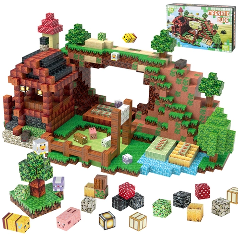 Blocchi Costruzione Magnetici DIY Mondo Pixel Tema Fattoria Cubi Gioco Educativo Regalo Bambini