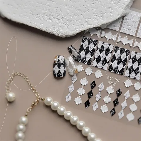 3D Embossed Nail Art Stickers Marble Texture Geometric Diamond Grid Design Japanese Style Manicure Decoration DIY Decals
