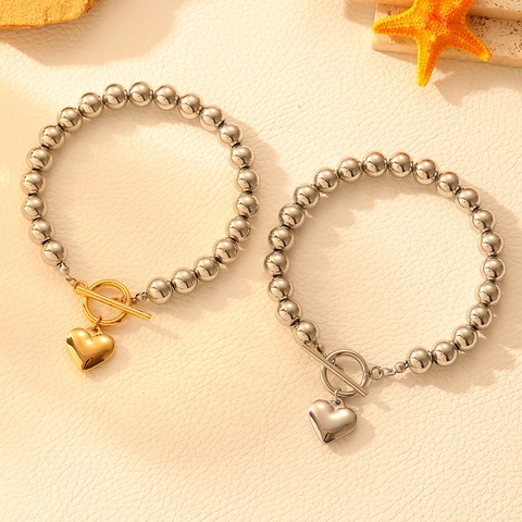 Bracciale Di Perline In Acciaio Inossidabile Ciondolo A Cuore Chiusura A Gancio Gioielli Minimalisti Da Donna