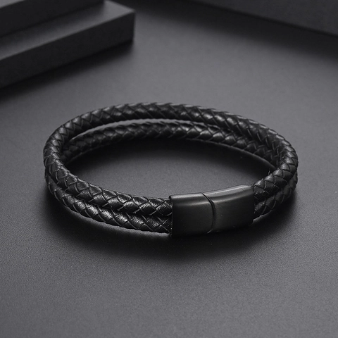 Bracelet En Cuir Tressé À Double Brin Pour Hommes Vintage Acier Inoxydable Fermoir Magnétique Bijoux Rétro