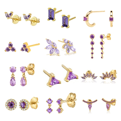 Elegant Purple Zircon Geometric Ear Studs Earrings For Women With 925 Sterling Silver Earring Post Gold Plated Jewelry