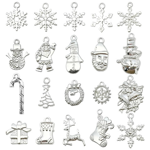Alloy Christmas Theme Pendants Bright Silver Gold Metal Charms Snowflake Santa Snowman Reindeer Bell DIY Jewelry Making Accessories