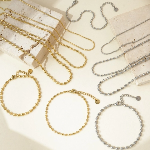 Collana Bracciale Minimalista Con Perle Di Riso Ovali Acciaio Inossidabile Gioiello Lucido Per Donne Uomini