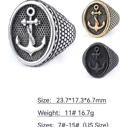 Anillo De Sello Con Ancla Para Hombre Acero Inoxidable 316L Estilo Náutico Retro Patrón De Panal Joyería Vintage