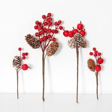 Artificial Christmas Red Berry Branches With Pine Cones Foam Simulation Berries DIY Floral Arrangement Home Decor