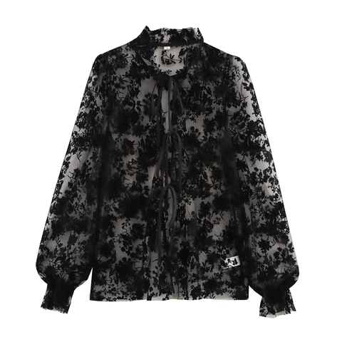 Dames Frans Vintage Zwart Kant Blouse Transparant Mesh Flock Floraal Ruches Strikkraag Lantaarnmouwen Top